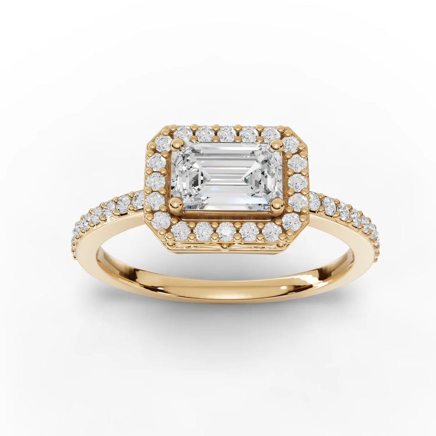 0.72 CT emerald lab-grown diamond halo ring yellow gold top view