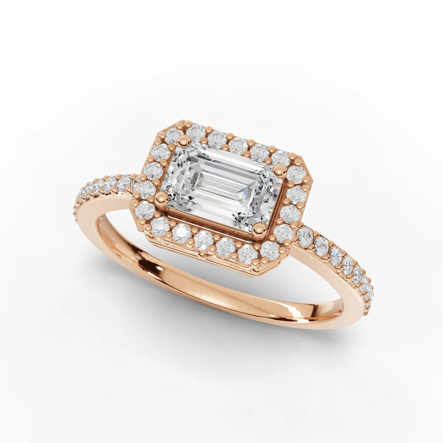 Emerald halo ring rose gold angle