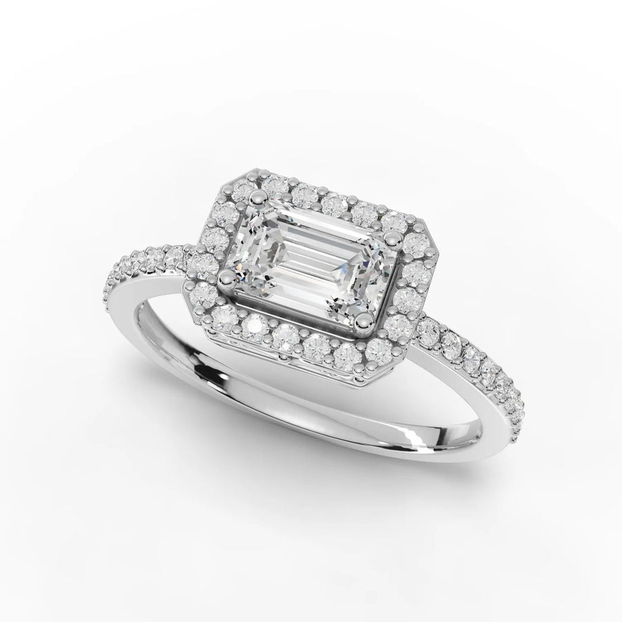 Emerald halo ring white gold angle