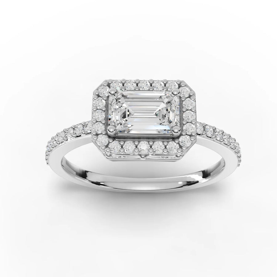 0.72 CT emerald halo lab diamond ring with 0.50 CT center stone and double-row diamond band