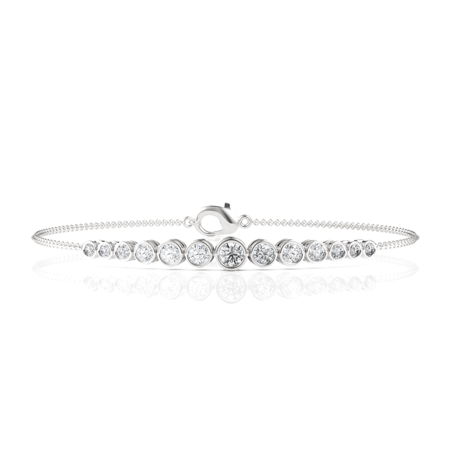 0.77 CT graduated bezel lab grown diamond bracelet in 18k gold with round stones, slender chain, and lobster clasp
