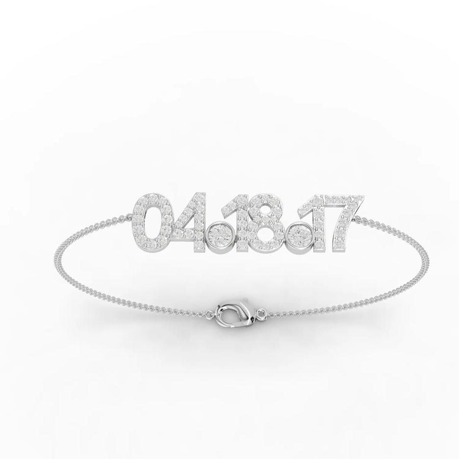 0.77 CT custom date lab-grown diamond bracelet in 18K gold with round pavé digits and bezel-set diamond spacers