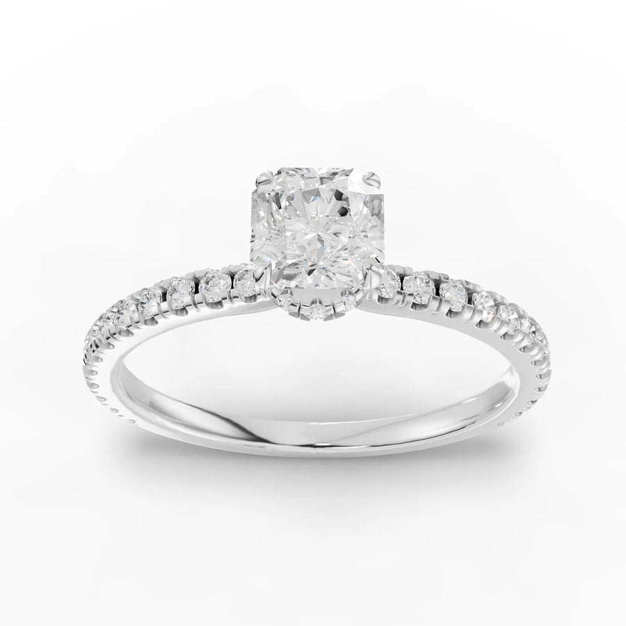 0.78 CT cushion hidden halo pavé lab diamond ring with 0.50 CT center stone and tapered accent band