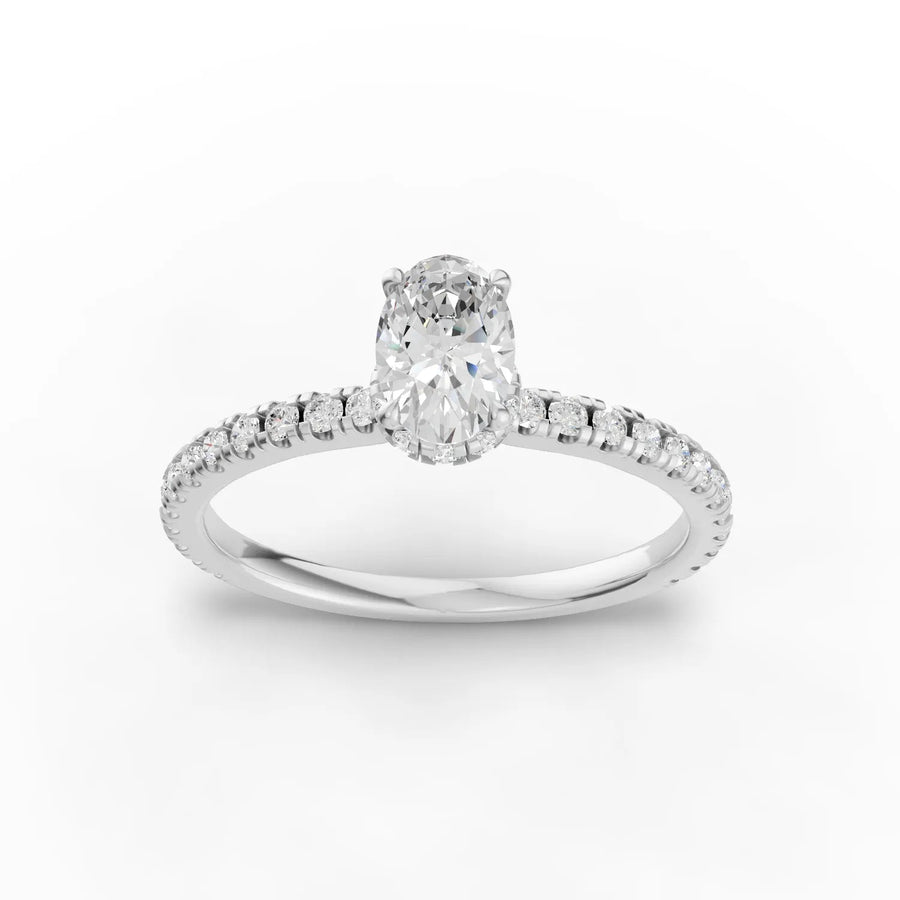 0.73 CT oval hidden halo pavé lab diamond ring with 0.50 CT oval center stone and diamond accent band