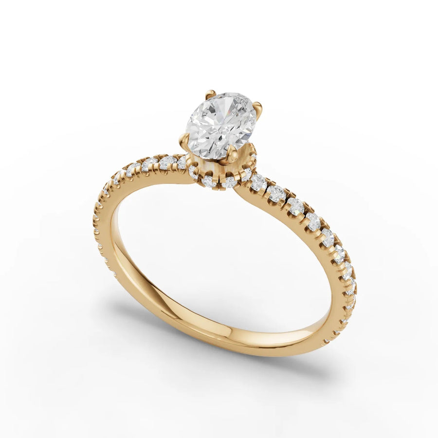 Oval pave band diamond ring yellow gold angle