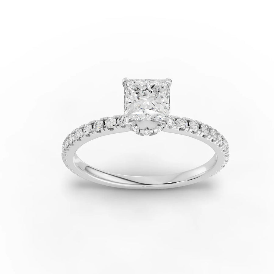 0.73 CT princess hidden halo pavé lab diamond ring with 0.50 CT center stone and round accent diamonds