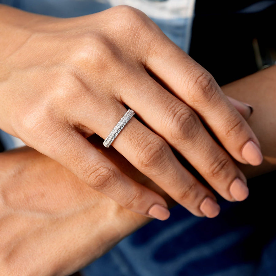 0.83 CT lattice diamond eternity ring worn on hand