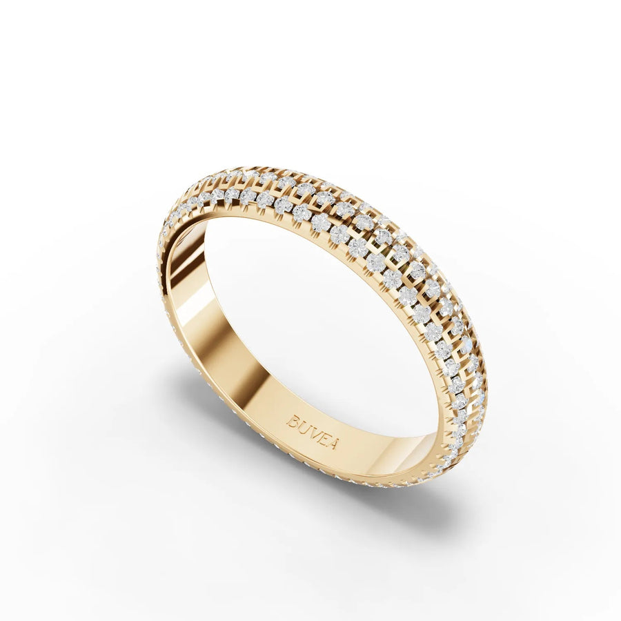 Three-row diamond band yellow gold angled profile