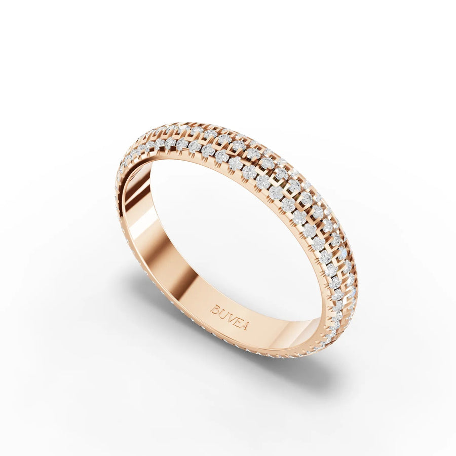 Three-row diamond band rose gold angled profile