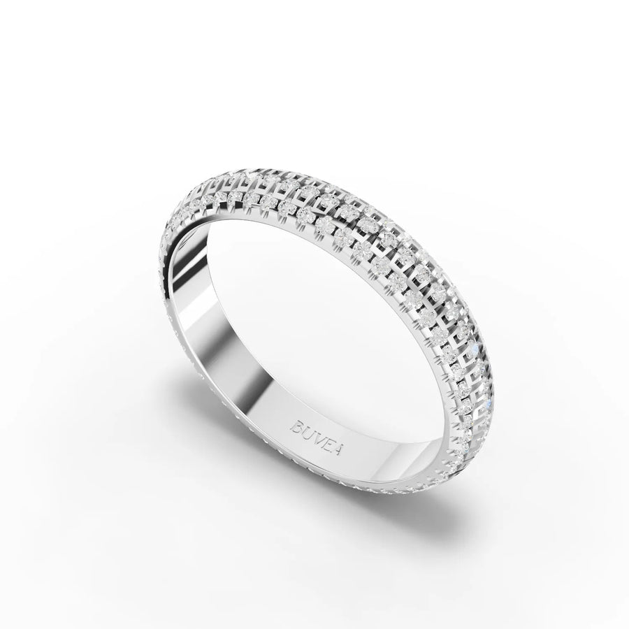 Three-row diamond band white gold angled profile