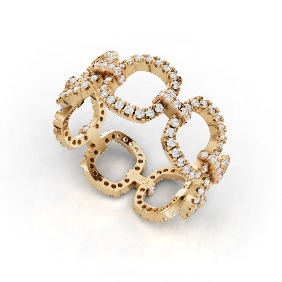 Halo link ring yellow gold angled profile