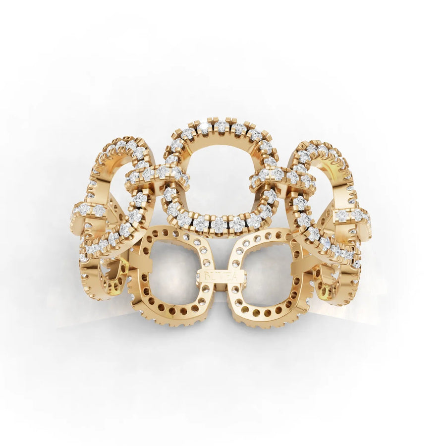Interlocking link diamond ring yellow gold top view