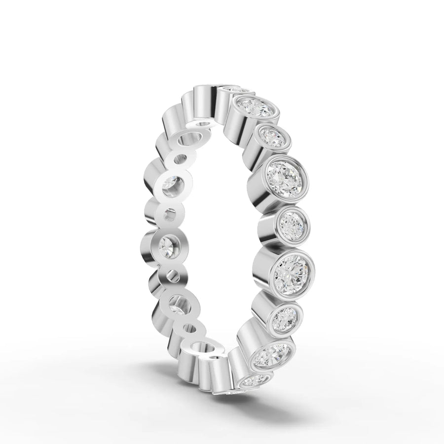 Round cut lab-grown eternity ring white gold close-up