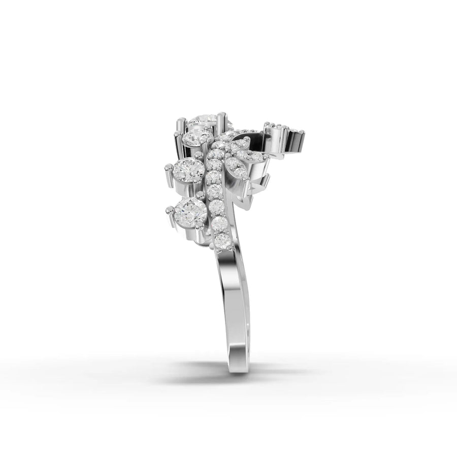 Crown-style lab diamond ring featuring a round center stone, adorned with accent diamonds in a floral motif.