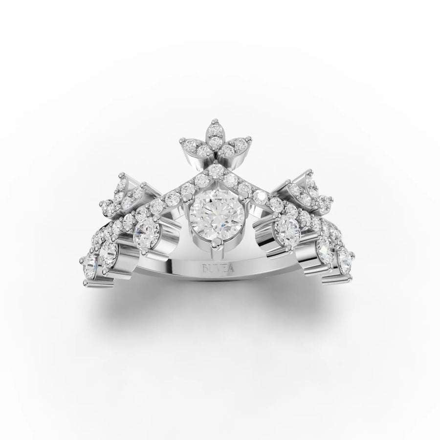 Crown-style lab diamond ring featuring a round center stone, accented by petal-shaped diamonds and a polished band.