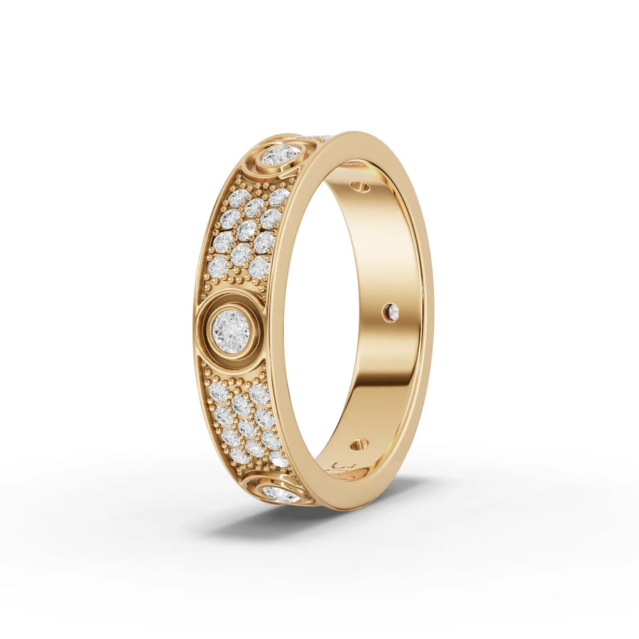 0.67 CT round diamond band ring in 18K gold, featuring bezel-set round diamonds and pavé accents for a structured design.