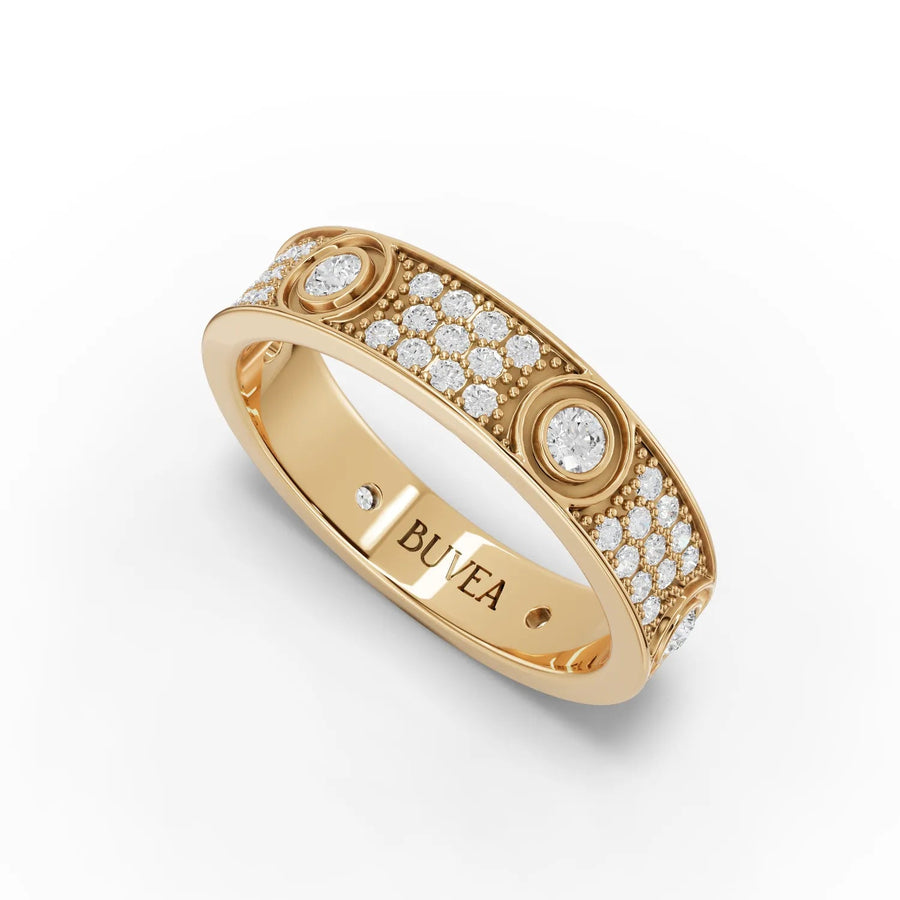 Round lab grown diamond band ring in 18K gold, featuring bezel-set and pavé diamonds for a balanced sparkle.