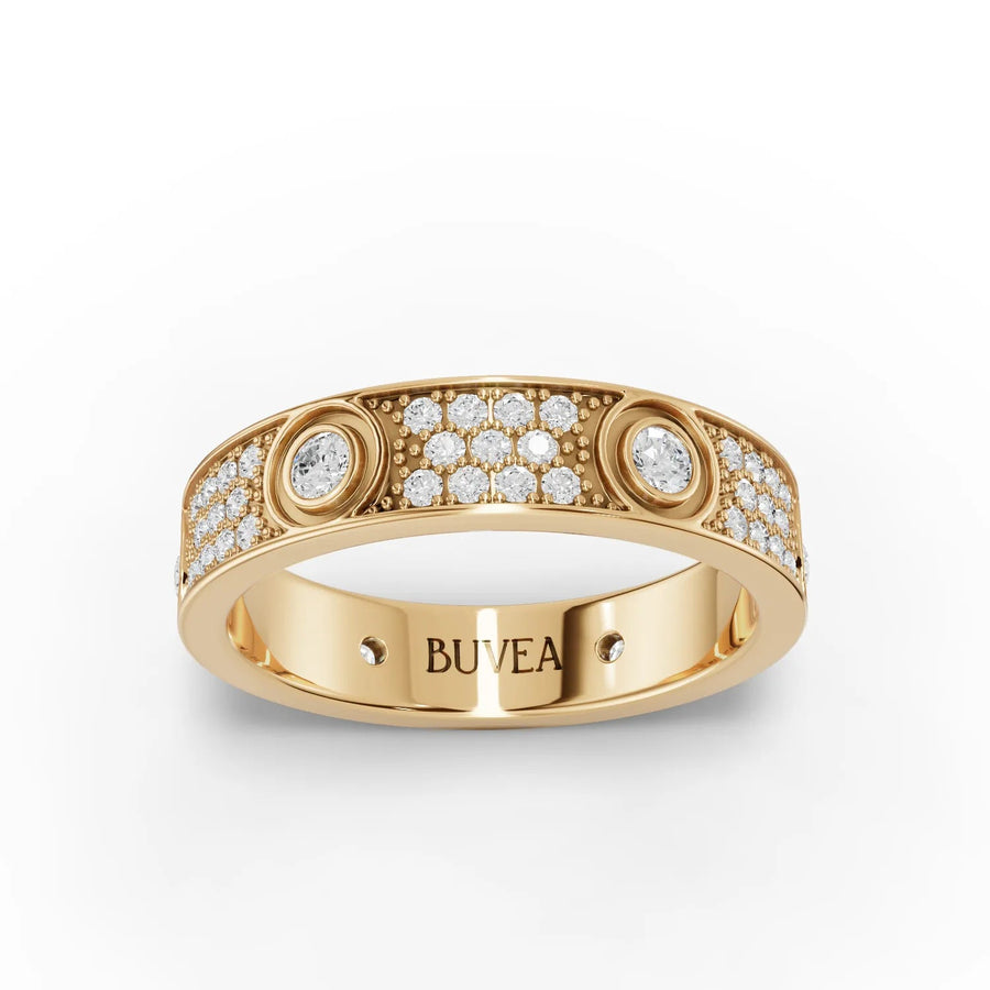 0.67 CT round accent diamond band in 18K gold, featuring bezel-set diamonds and pavé accents, showcasing a structured design.