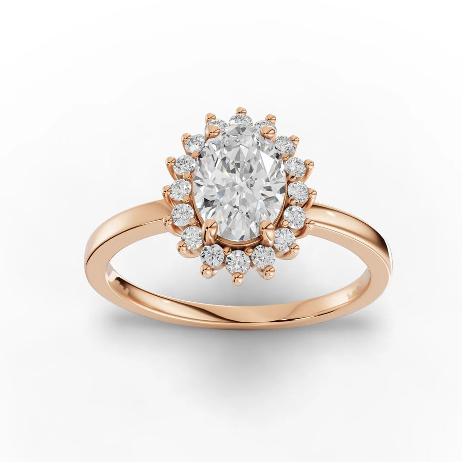 0.91 CT oval lab-grown diamond halo ring rose gold top view