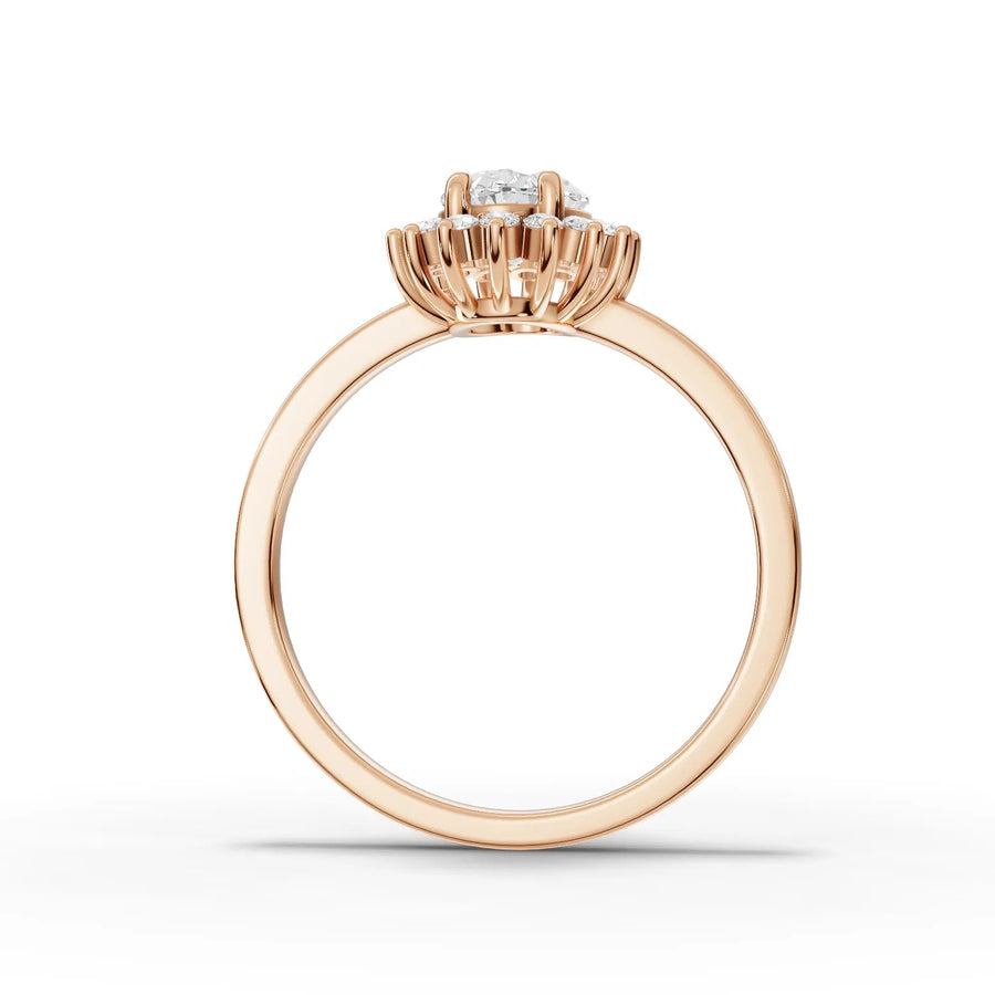 Oval lab-grown halo ring rose gold close-up