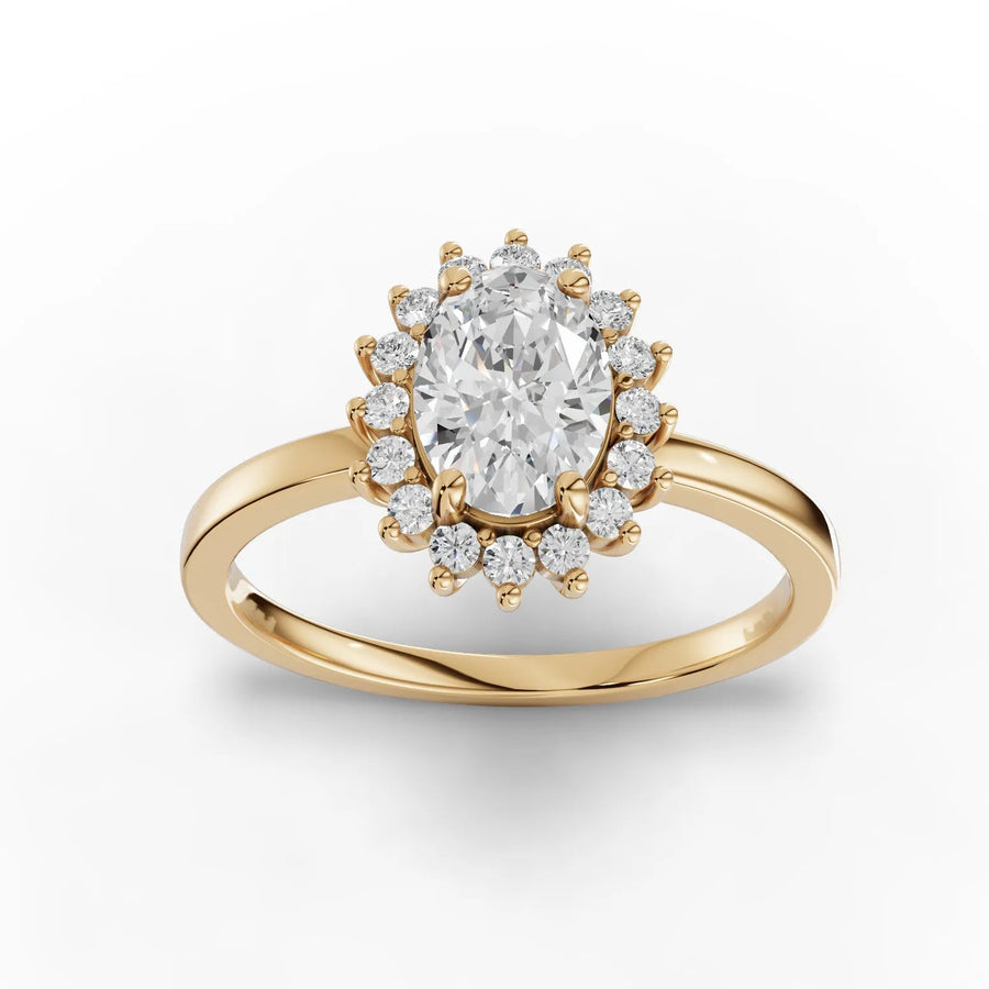 0.91 CT oval lab-grown diamond halo ring yellow gold top view