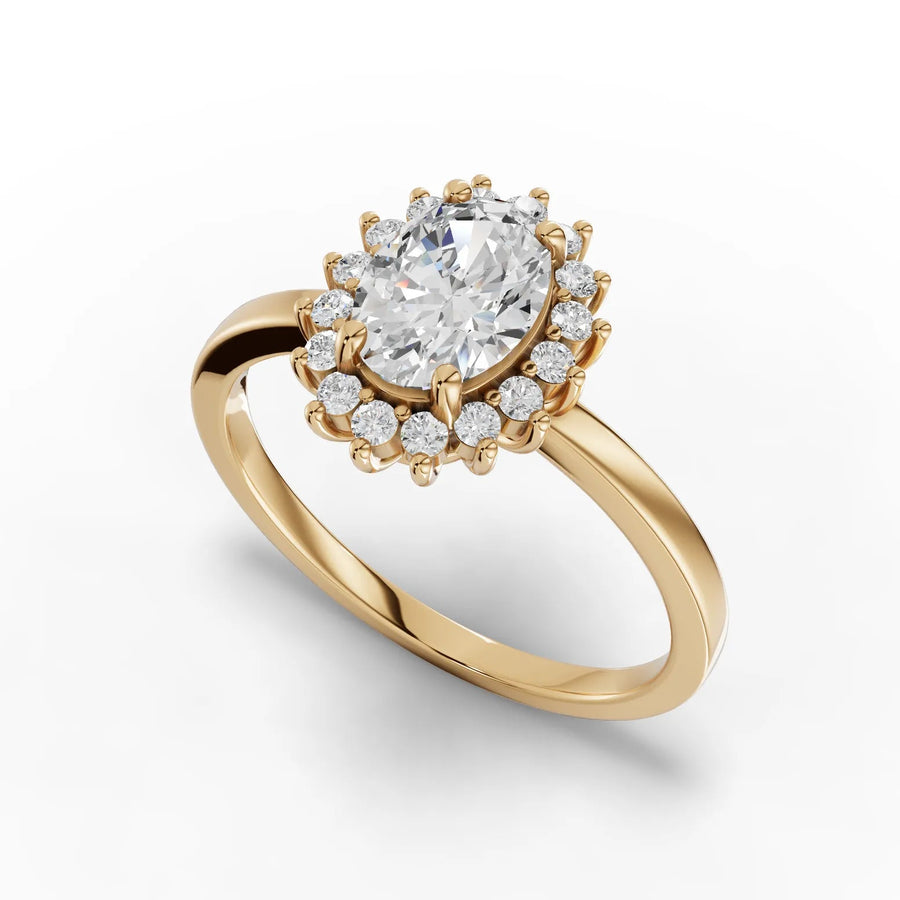 Oval halo ring yellow gold angle