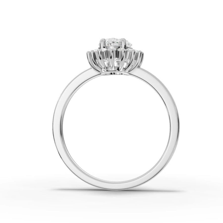 Oval lab-grown halo ring white gold close-up