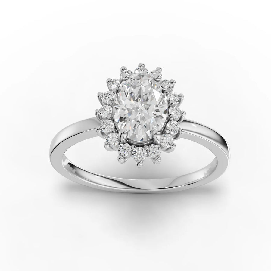 0.88 CT oval halo lab diamond ring in 18K gold with 0.75 CT center stone and round accent diamonds