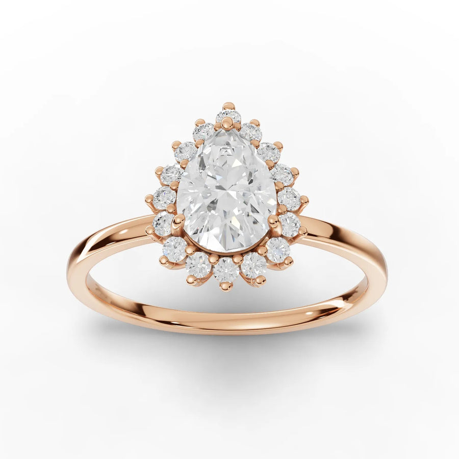 Rose gold pear halo engagement ring