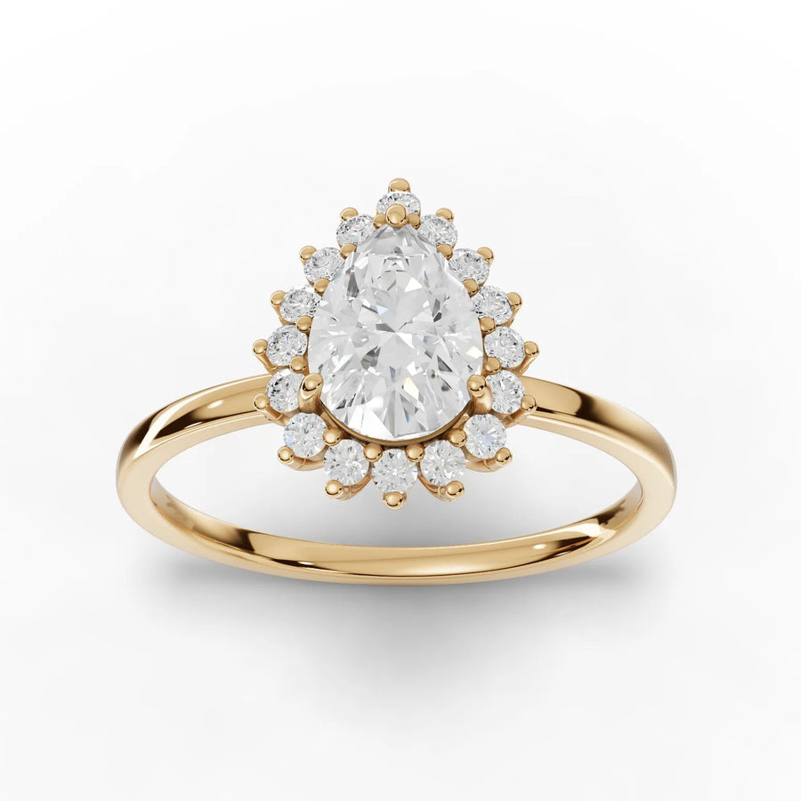 Yellow gold pear halo ring