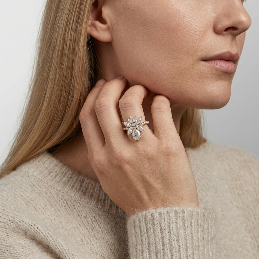 2.05 Ct Pear & Marquise Floral Lab Diamond Cluster Ring with Accent Band