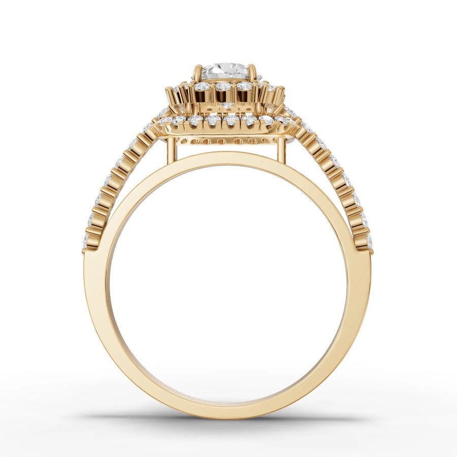 Double halo lab-grown ring yellow gold close-up