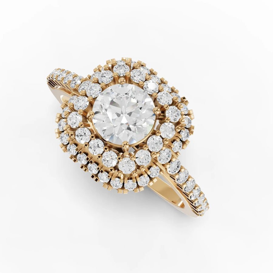 Double halo diamond band ring yellow gold angle
