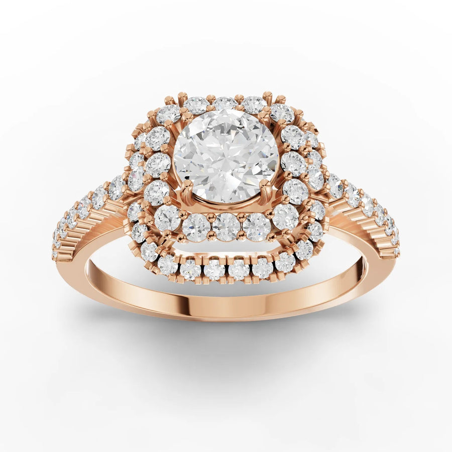 1.21 CT double halo lab-grown diamond ring rose gold top view
