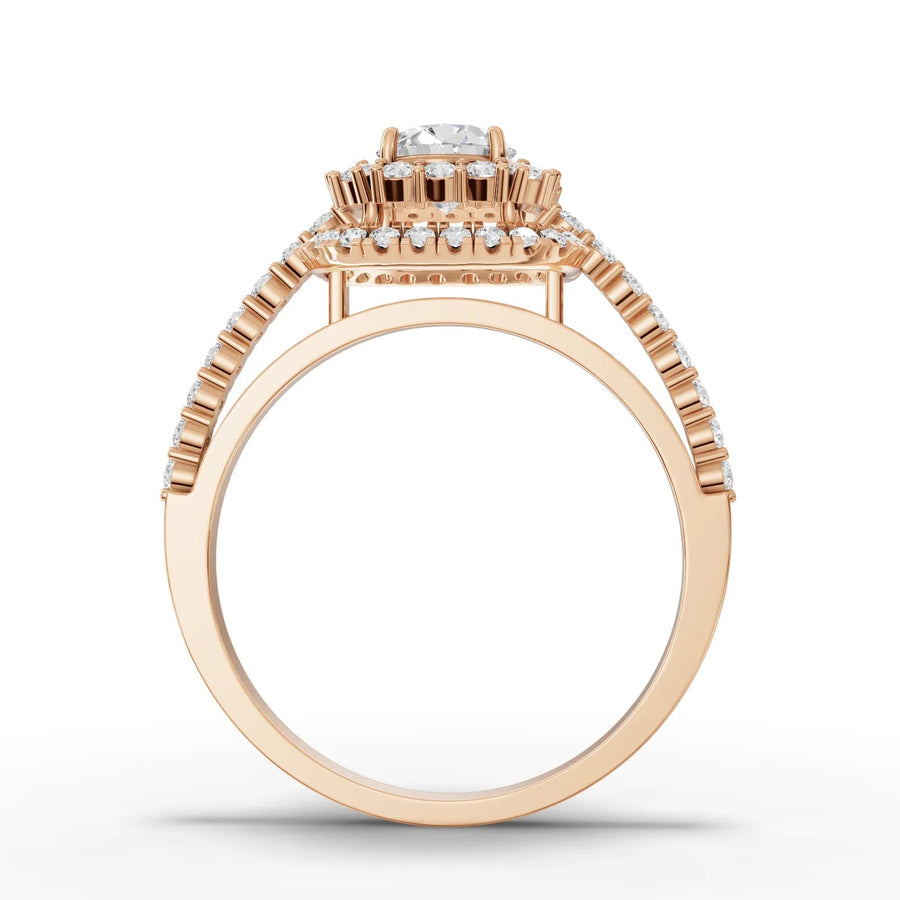 Double halo lab-grown ring rose gold close-up
