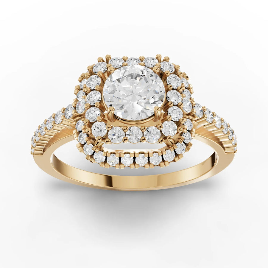 1.21 CT double halo lab-grown diamond ring yellow gold top view