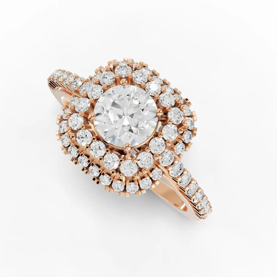 Double halo diamond band ring rose gold angle