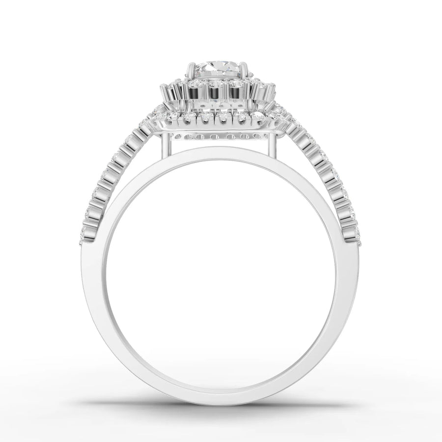 Double halo lab-grown ring white gold close-up