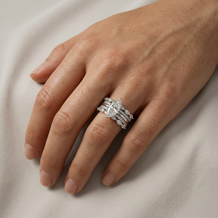 2.39 Ct Marquise Double Band Accent Ring 1.50 Ct Center
