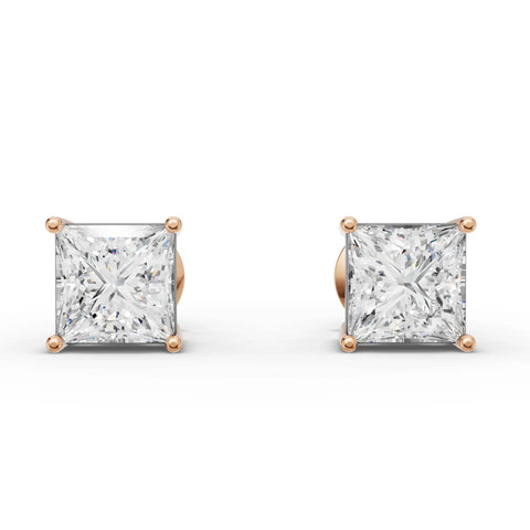 1.00 Ct Each Princess Solitaire Lab Diamond Studs in rose gold