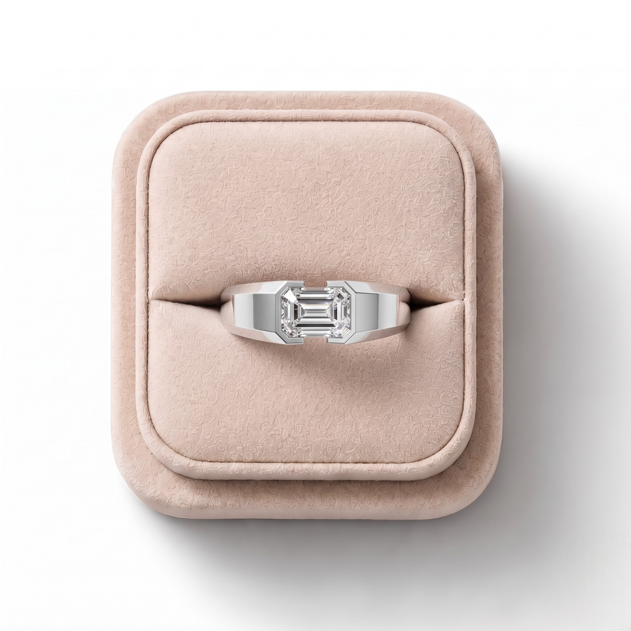 1.00 CT Emerald Lab Grown Diamond Bezel Set Signet Ring, on a white background