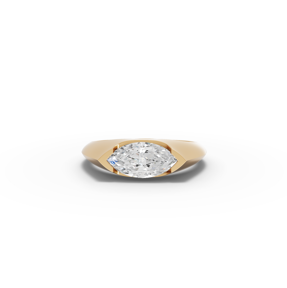 1.00 CT Marquise Flush Bezel Solitaire Signet Lab Grown Diamond Ring in yellow gold