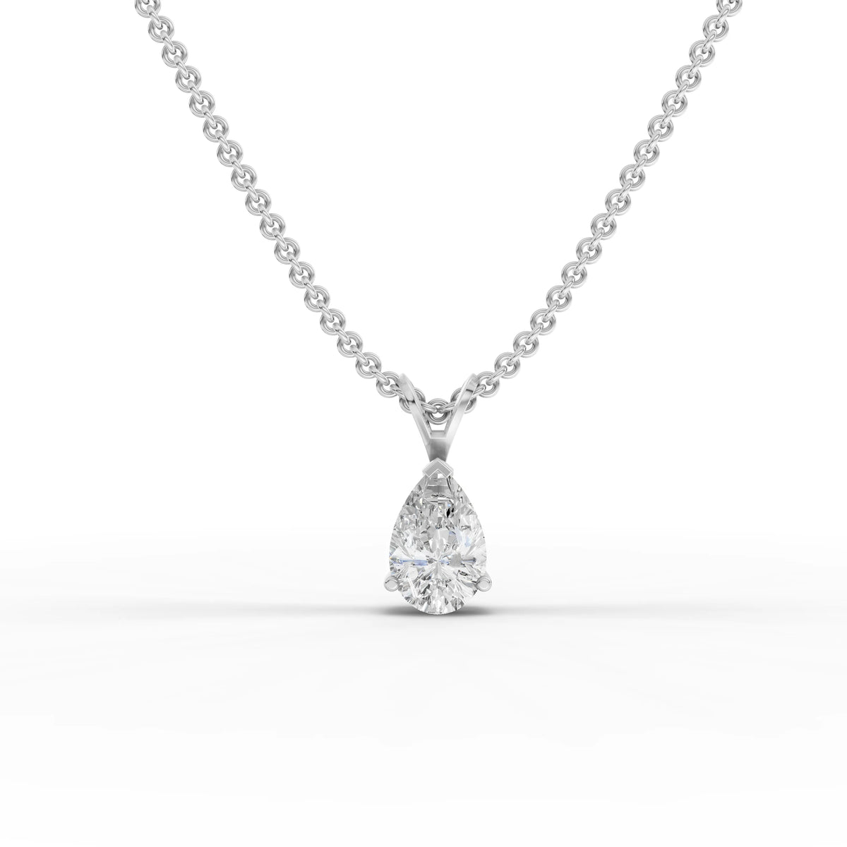 1.00 ct pear cut lab grown diamond solitaire pendant necklace with vertical setting and V-shaped bail