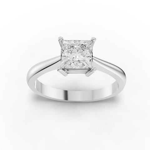 1.00 ct princess lab diamond solitaire ring with square center stone, four-prong setting, and plain band