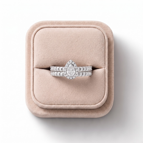 1.02 CT Pear Halo Lab Grown Diamond Double Band Ring Set in white gold, view 2