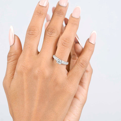 1.02 CT Round Solitaire Pavé Lab Grown Diamond Ring, worn on the hand 3
