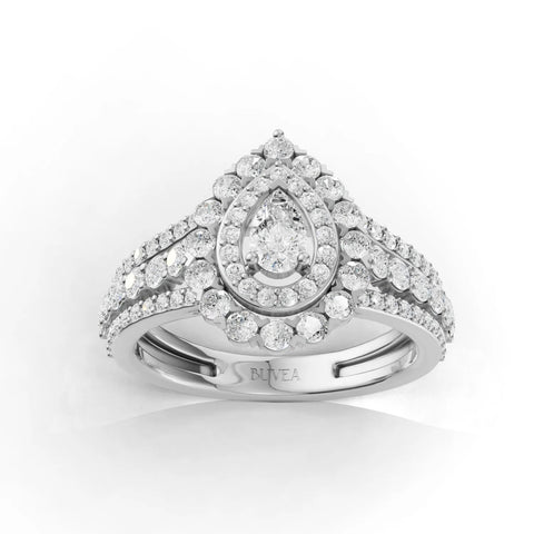 Elegant 1.04 Ct pear-shaped lab diamond ring in 18K gold, featuring double halo and triple-row pavé for radiant sparkle.