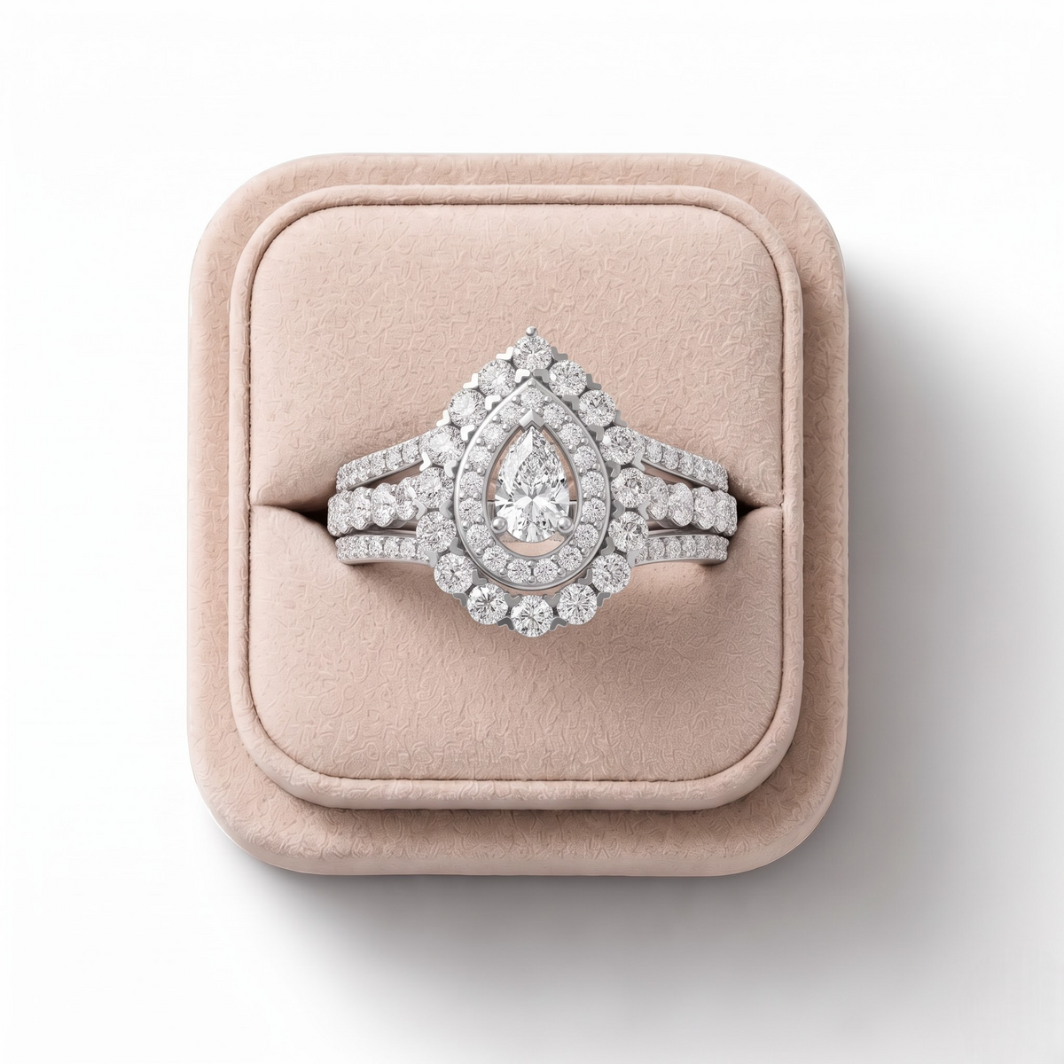 1.04 CT Pear Double Halo Lab Grown Diamond Pavé Ring, on a white background