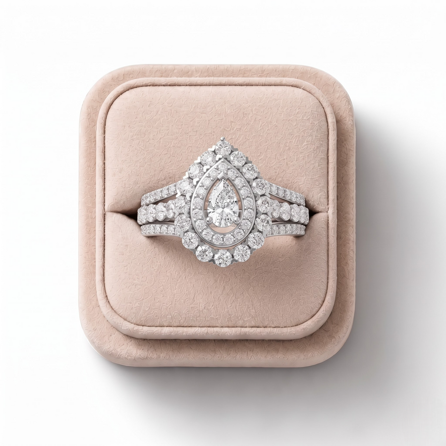 1.04 CT Pear Double Halo Lab Grown Diamond Pavé Ring, on a white background