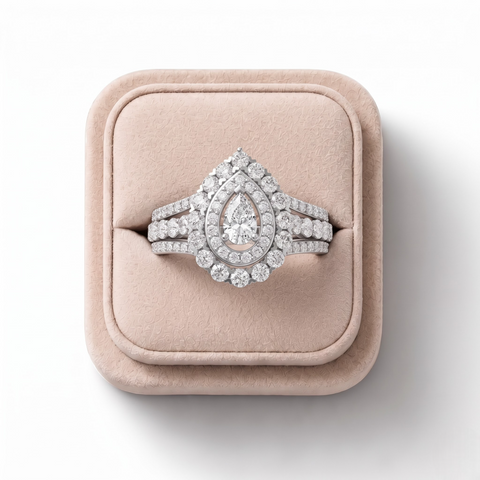 1.04 CT Pear Double Halo Lab Grown Diamond Pavé Ring, on a white background